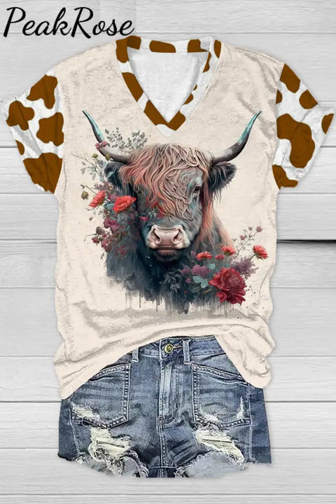 Western Cow Print V Neck T-Shirt T-Shirt