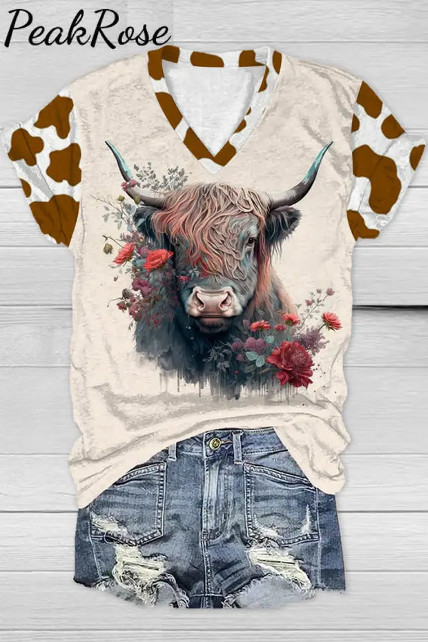 Western Cow Print V Neck T-Shirt T-Shirt