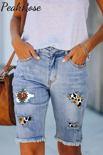 Western Cow Sunflower Print Denim Shorts Bermuda