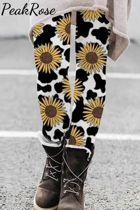 Western Cow Sunflower Print Leggings Leggings