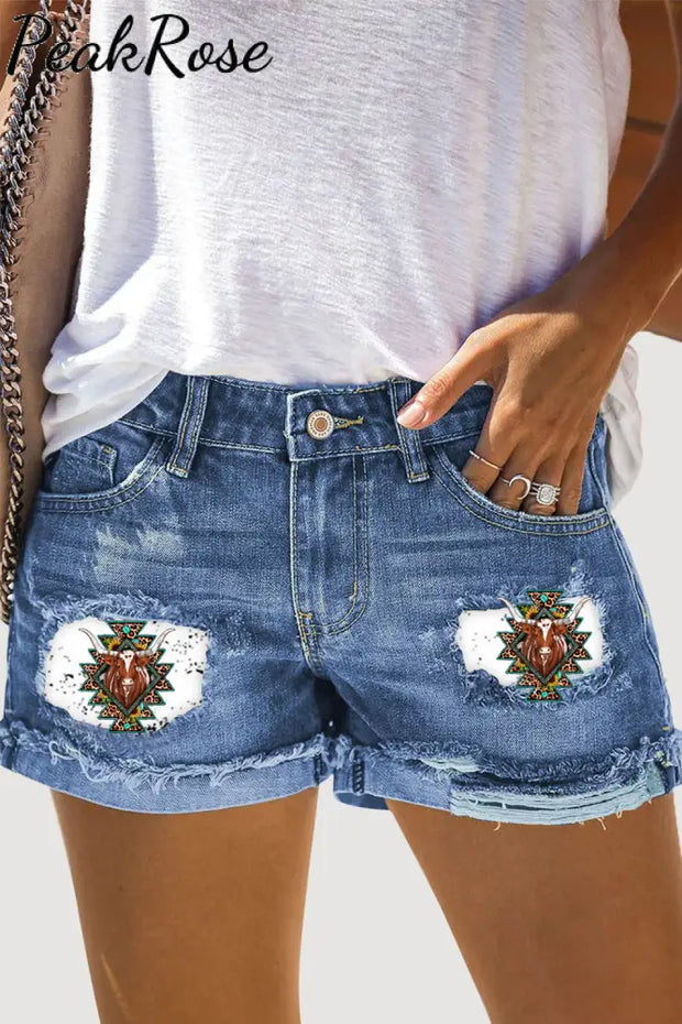 Western Cow Sunflower Print Ripped Denim Shorts