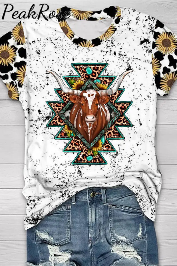 Western Cow Sunflower Print Round Neck Short Sleeve T-Shirt