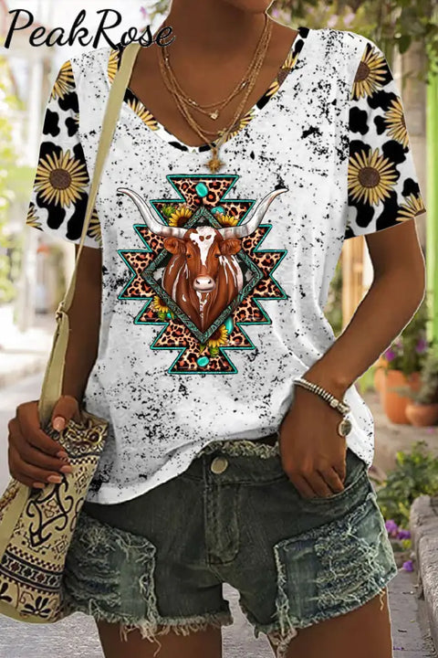 Western Cow Sunflower Print Tie-Dye V Neck T-Shirt T-Shirt