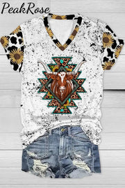 Western Cow Sunflower Print V Neck T-Shirt T-Shirt