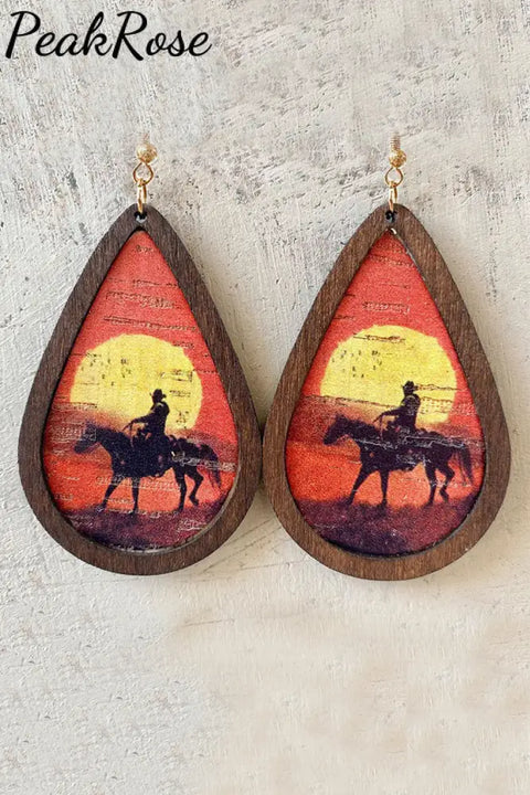 Western Cowboy Wooden Earrings One-Size / Picture Color1