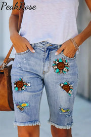 Western Cowhide Sunflower Leopard Print Denim Shorts Bermuda