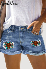 Western Cowhide Sunflower Leopard Print Ripped Denim Shorts