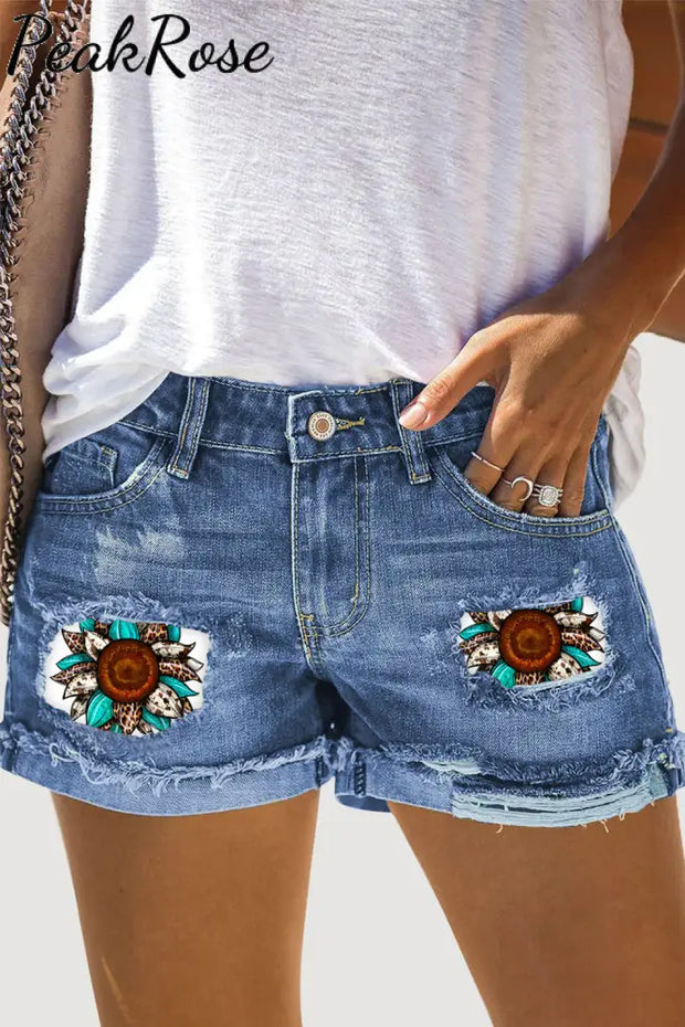 Western Cowhide Sunflower Leopard Print Ripped Denim Shorts