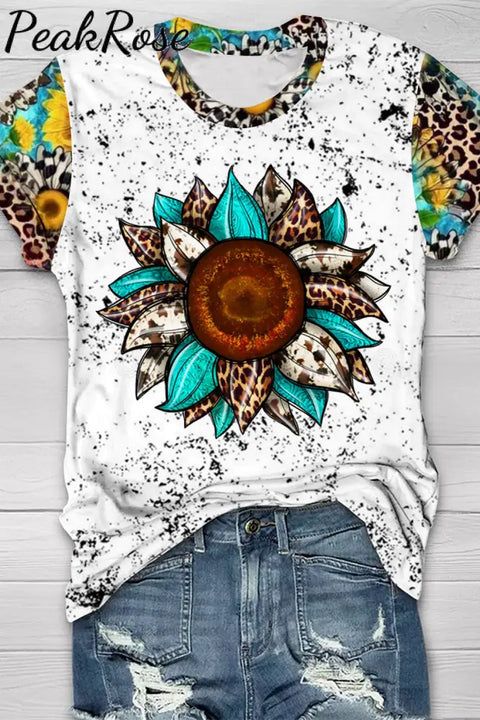 Western Cowhide Sunflower Leopard Print Round Neck Short Sleeve T-Shirt