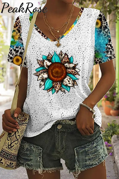 Western Cowhide Sunflower Leopard Print Tie-Dye V Neck T-Shirt T-Shirt