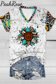 Western Cowhide Sunflower Leopard Print V Neck T-Shirt T-Shirt