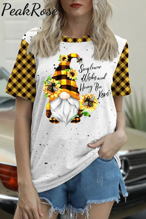 Western Gnome With Bees And Sunflowers Plaid Print T-Shirt T-Shirt