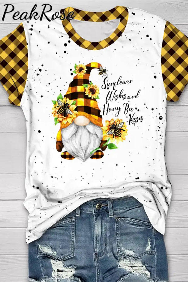 Western Gnome With Bees And Sunflowers Plaid Print T-Shirt T-Shirt