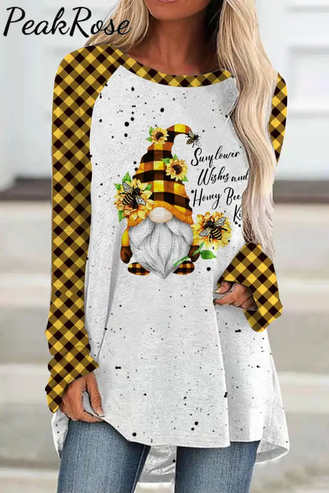 Western Gnome With Bees And Sunflowers Plaid Print Tunic