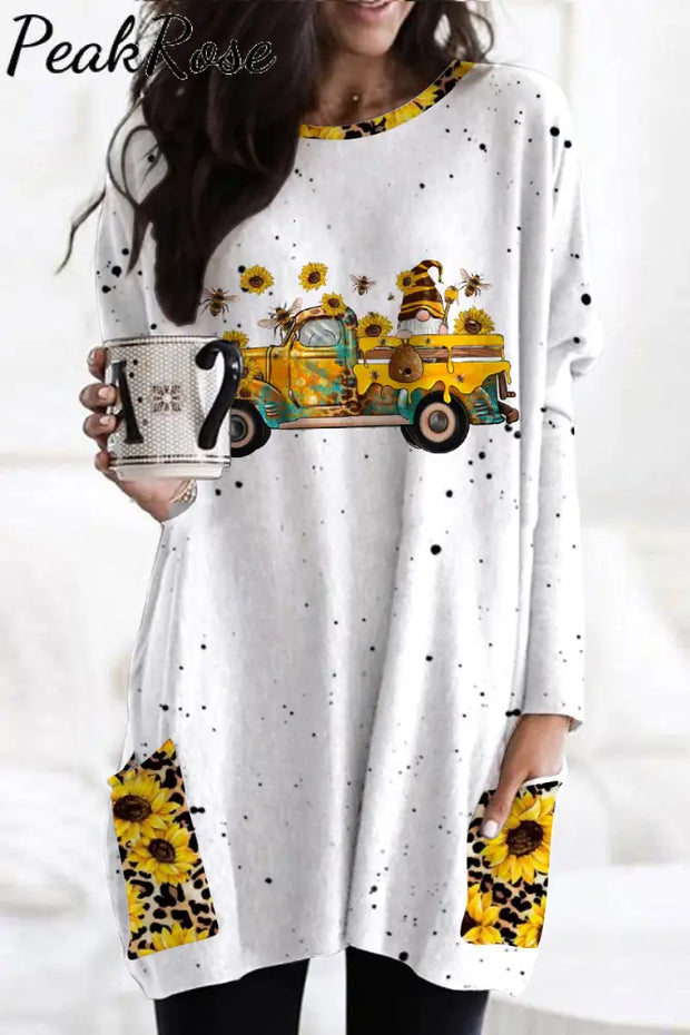 Western Gnomes Truck With Bees And Sunflowers Leopard Print Loose Tunic Pockets