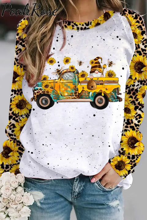 Western Gnomes Truck With Bees And Sunflowers Leopard Print Sweatshirt