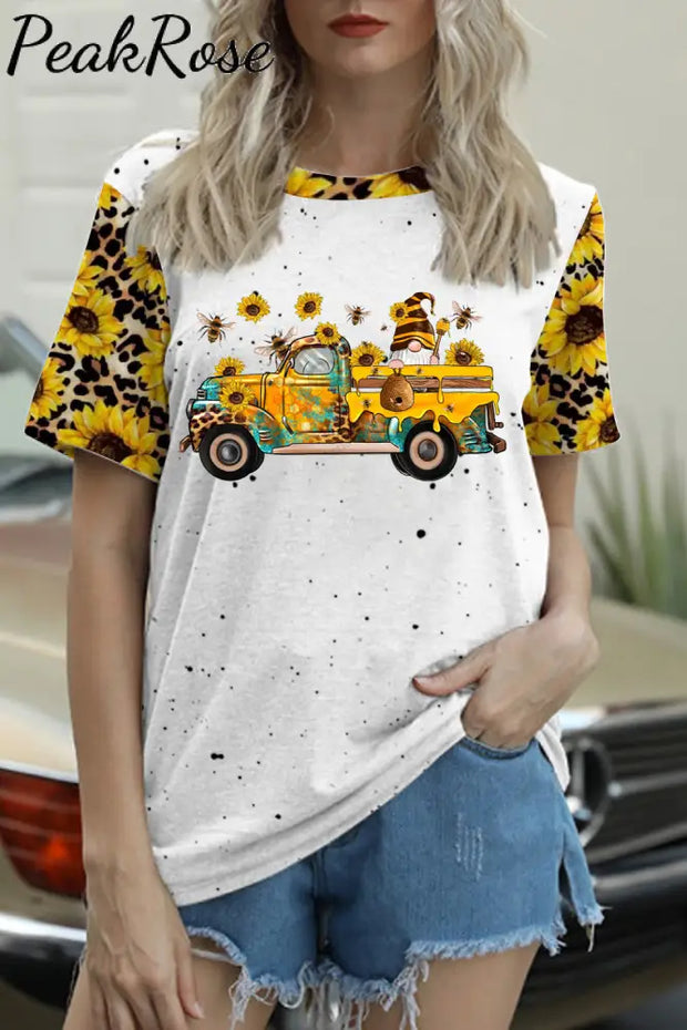 Western Gnomes Truck With Bees And Sunflowers Leopard Print T-Shirt T-Shirt