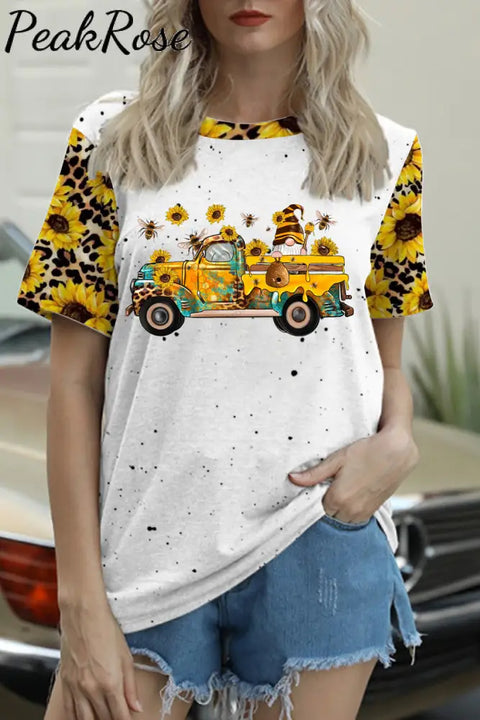 Western Gnomes Truck With Bees And Sunflowers Leopard Print T-Shirt S / Photo Color T-Shirt