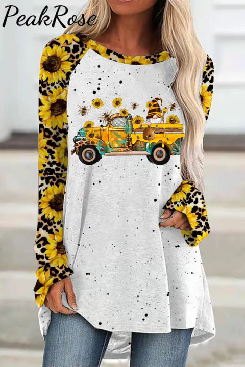 Western Gnomes Truck With Bees And Sunflowers Leopard Print Tunic