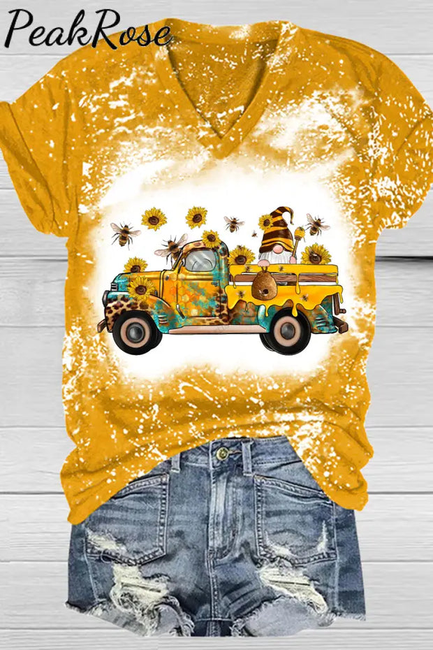 Western Gnomes Truck With Bees And Sunflowers Plaid Bleached V-Neck T-Shirt T-Shirt