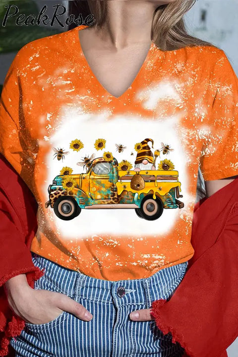 Western Gnomes Truck With Bees And Sunflowers Plaid Bleached V-Neck T-Shirt T-Shirt