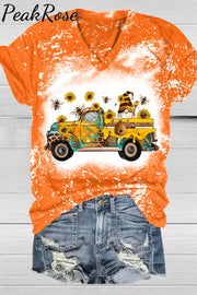 Western Gnomes Truck With Bees And Sunflowers Plaid Bleached V-Neck T-Shirt T-Shirt