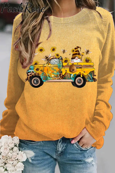 Western Gnomes Truck With Bees And Sunflowers Plaid Gradient Sweatshirt S / Yellow