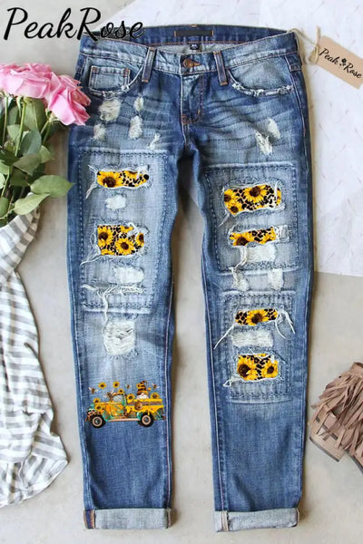 Western Gnomes Truck With Bees And Sunflowers Plaid Print Denim Jeans