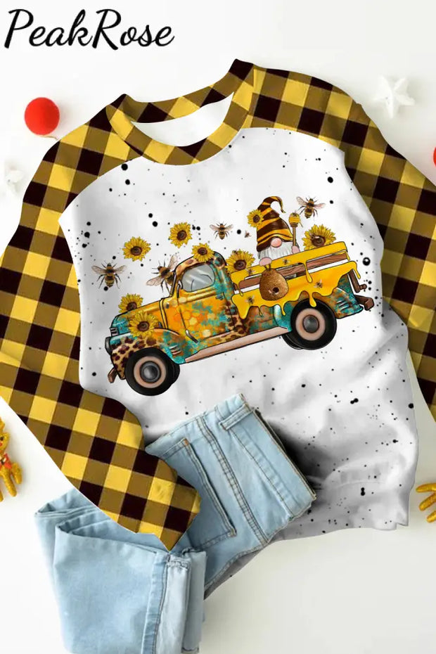 Western Gnomes Truck With Bees And Sunflowers Plaid Print Sweatshirt