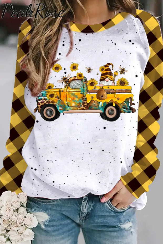 Western Gnomes Truck With Bees And Sunflowers Plaid Print Sweatshirt