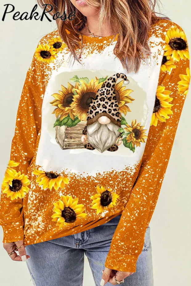 Western Gnomes With Bees And Sunflowers Leopard Bleached Sweatshirt