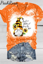 Western Gnomes With Bees And Sunflowers Plaid Bleached V-Neck T-Shirt T-Shirt