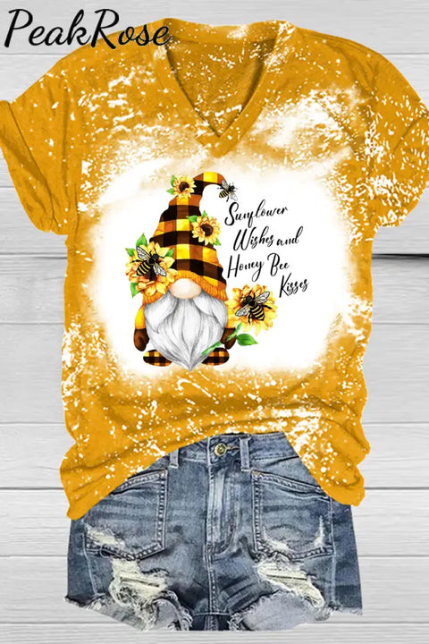 Western Gnomes With Bees And Sunflowers Plaid Bleached V-Neck T-Shirt T-Shirt