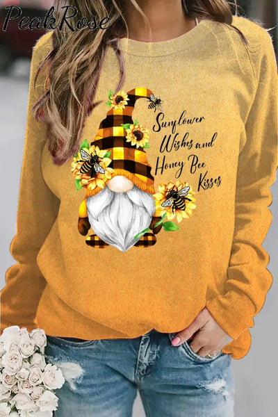 Western Gnomes With Bees And Sunflowers Plaid Gradient Sweatshirt S / Yellow