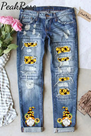 Western Gnomes With Bees And Sunflowers Plaid Print Denim Jeans