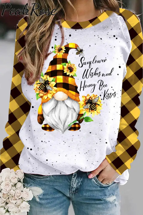 Western Gnomes With Bees And Sunflowers Plaid Print Sweatshirt