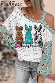 Western Happy Easter Peeps Bunnies Eggs Off-Shoulder Blouse Polka / S