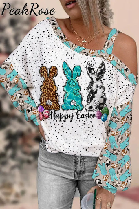 Western Happy Easter Peeps Bunnies Eggs Off-Shoulder Blouse Polka / S