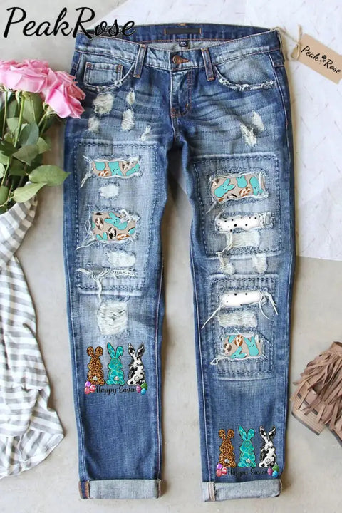 Western Happy Easter Peeps Bunnies Eggs Ripped Denim Jeans