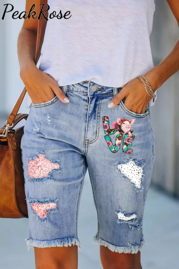 Western Love Pig Print Denim Shorts Bermuda