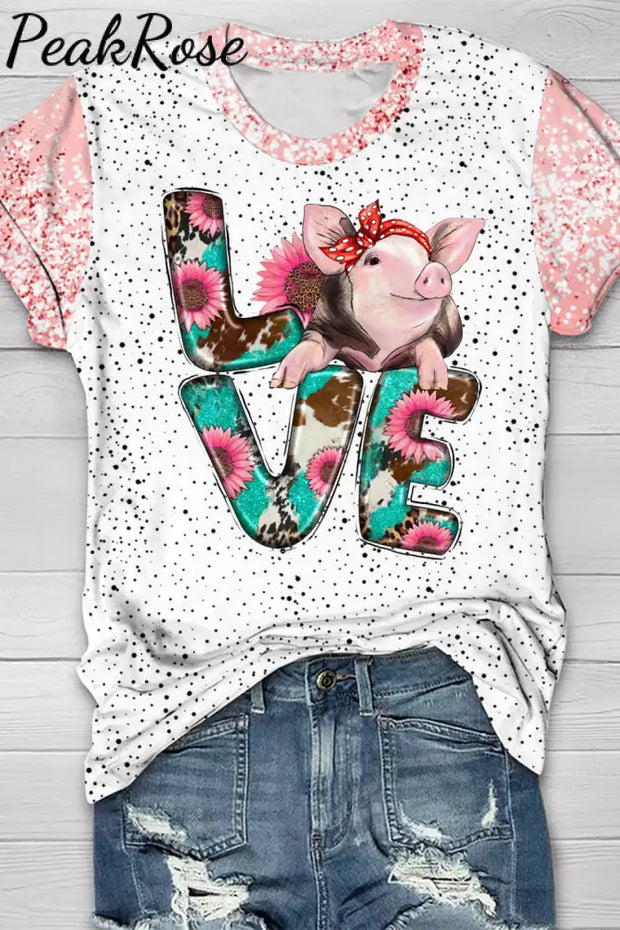 Western Love Pig Print Round Neck Short Sleeve T-Shirt