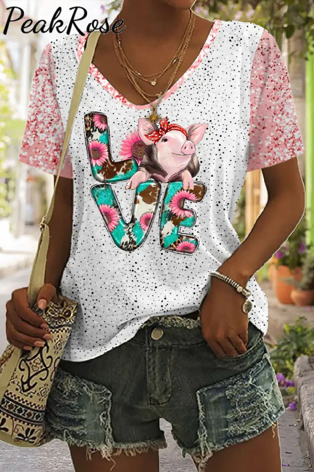 Western Love Pig Print Tie-Dye V Neck T-Shirt T-Shirt