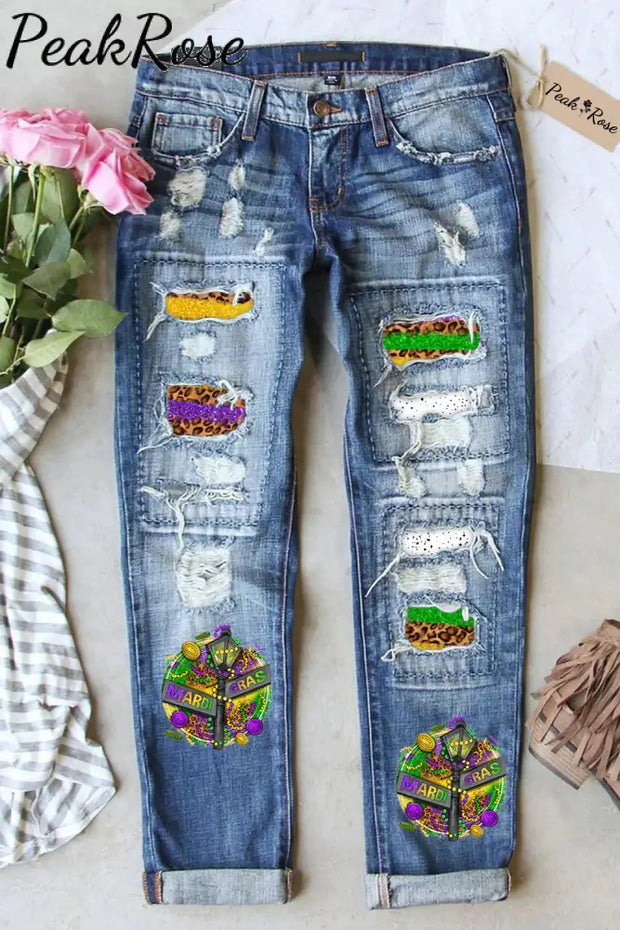 Western Mardi Gras Street Lights Ripped Denim Jeans S