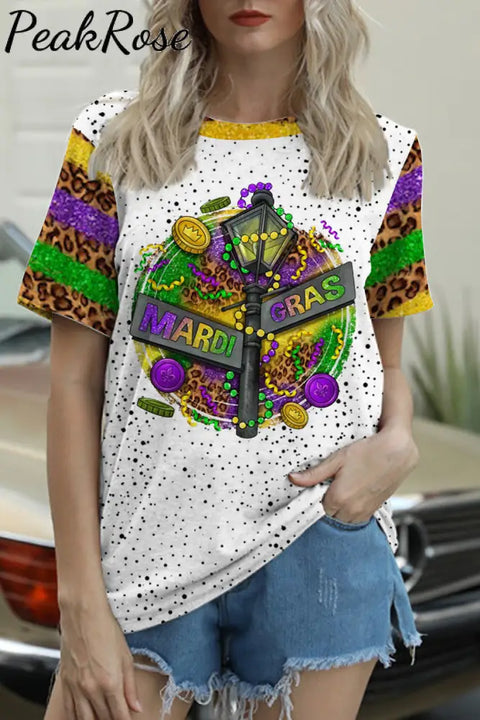 Western Mardi Gras Street Lights Round Neck Short Sleeve T-Shirt S / Multicolor