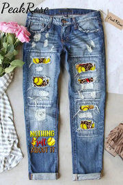 Western Nothing Soft About It Softball Sport Polka Dots Print Ripped Denim Jeans S