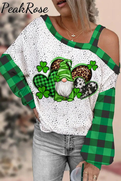 Western Shamrocks Gnome Plaid Polka Dots Off-Shoulder Blouse