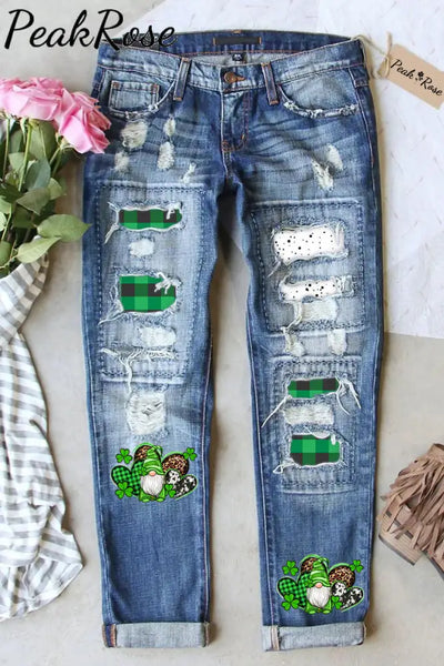 Western Shamrocks Gnome Plaid Polka Dots Ripped Denim Jeans S