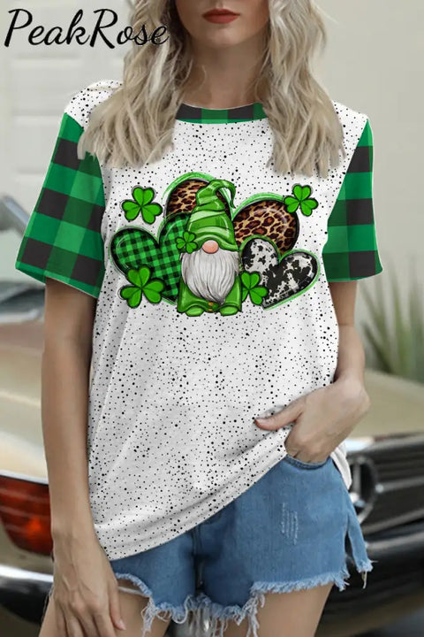 Western Shamrocks Gnome Plaid Polka Dots Round Neck T-Shirt