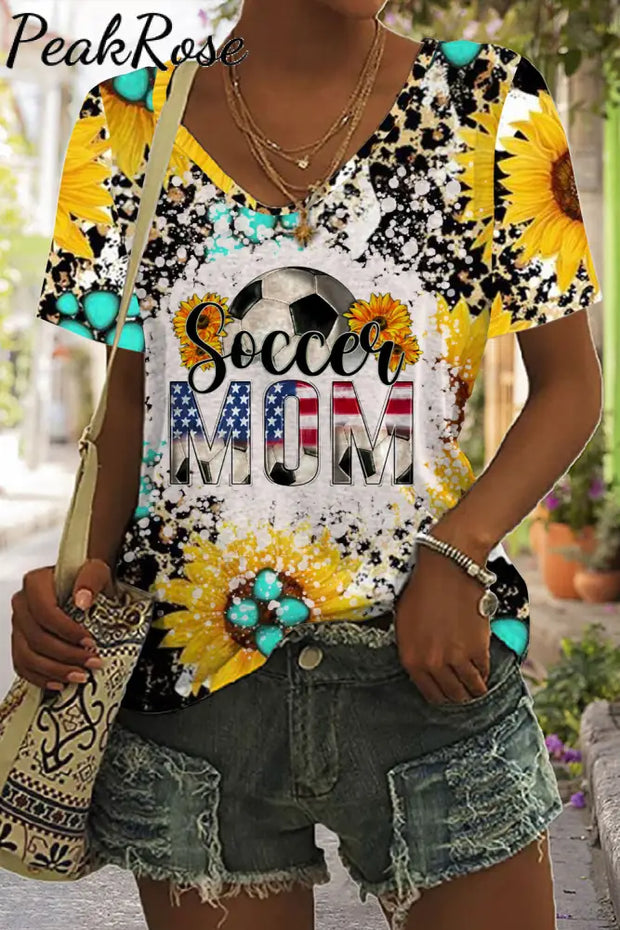 Western Soccer Mom 4Th July Print Tie-Dye V Neck T-Shirt T-Shirt