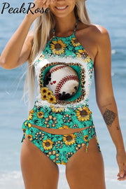 Western Sunflower Baseball Concho Printed Bikini Swimsuit